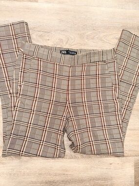 Zara Plaid Slim Trousers in Taupe, Rust and Cream